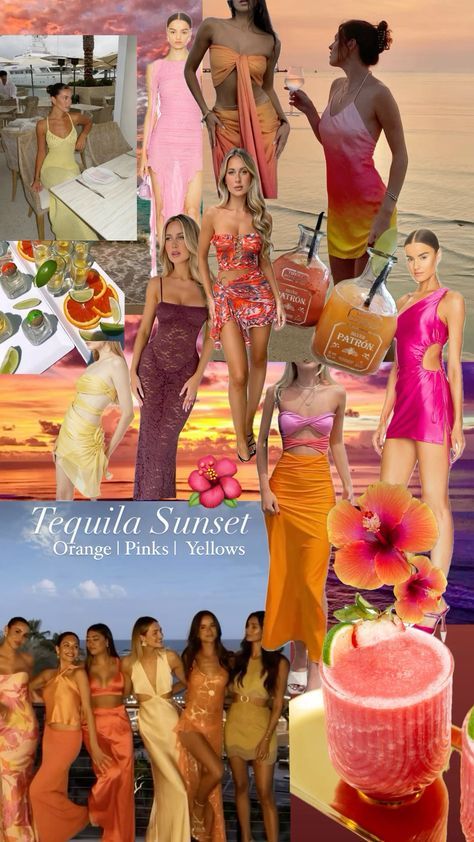 Tropical Themed Bachelorette Party Outfits, Bridal Party Swimsuit Ideas, Bachelorette Party Hawaiian Theme, Summer In Ibiza Aesthetic, Bachelorette Party Outfit Boat, Sunset Night Bachelorette, Bachelorette Party Hawaii, Sunset Theme Bachelorette Outfits, Birthday Themes Outfits