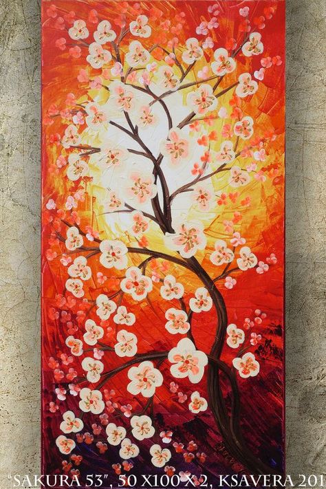 CHERRY BLOSSOMS art SAKURA Tree love painting contemporary artwork red orange acrylic painting on canvas by Ksavera gift ideas for her decor Sakura Tree Painting, Bow Inspiration, Pink Flowering Trees, Tree Painting Canvas, Tree Watercolor Painting, Simple Painting, Cherry Blossom Art, Open Board, Painting Canvases