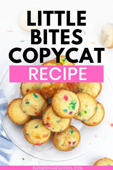 Little Bites Copycat Recipe Little Debbie Muffin Recipe, Sweet Mini Muffins, Easy Mini Muffins For Kids, Copycat Lil Bites Muffins, Little Muffins Recipes, Muffin Recipes Mini, Mini Birthday Muffins, Muffins With Sprinkles, Little Bite Muffin Recipe