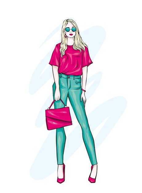 Stylish girl in trendy clothes. | Premium Vector #Freepik #vector #woman #fashion #girl #hair Croquis Fashion, Fashion Illustration Poses, Fashion Vector, Trendy Girls Outfits, Fashion Figure Drawing, Fashion Illustrations Techniques, Fashion Drawing Tutorial, Dress Illustration, Fashion Background