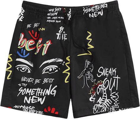 Graphic Shorts Men, Cool Mens Shorts, Graphic Shorts, Drawstring Waist Shorts, Casual Summer Shorts, Style Noir, Swimwear Shorts, Printed Drawstring, Mens Streetwear