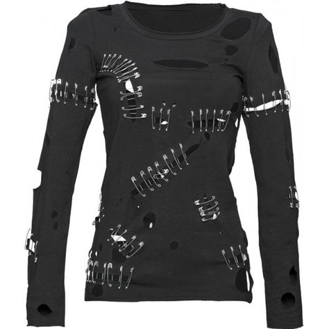 Black cotton shirt with holes and safety pins, from the gothic clothing for women collection by Queen of Darkness. Apocalypse Halloween, Japanese Goth, Top With Holes, Ropa Punk Rock, Scissor Hands, Shirts With Holes, Punk Tops, Emo Outfit, Punk Top