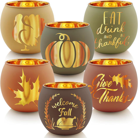 Thanksgiving Votive Candle Holder Set of 6, Glass Votives Holder with 6 Laser Engraving Patterns, Tealight Holders Bulk for Fall Table Centerpiece Decor Fall Votive Candle Holders, Tea Lights Centerpieces, Autumn Patterns, Engraving Patterns, Halloween Table Centerpieces, Fall Candle Holders, Thanksgiving Candles, Pumpkin Candle Holder, Fall Table Centerpieces