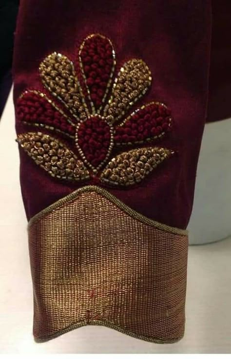 Simple Blouse For Pattu Saree, Simple Neck Work Designs For Blouses, Embroidery On Blouse Sleeves, Adda Work Motifs, Hand Work Design For Blouse, Blouse Sleeve Work Designs, Silk Saree Blouse Hand Work Designs, Pattu Blouse Aari Work Design, Blouse With Beads Work