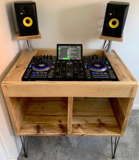 Custom DJ unit for digital DJ controllers (example listed Denon Prime 4). Constructed from reclaimed, weathered scaffold boards, on raw steel hairpin legs. Includes 2 x speaker platforms from steel scaffold. Finished in hard wearing clear lacquer. Dimensions: Height of unit = 90cm (Overall height including speaker platforms = 115cm) Width = 100cm Depth = 70cm DJ controller recessed compartment: 74cm wide x 63cm deep Internal storage compartments: 34cm high x 44.5cm wide * ALL DIMENSIONS ARE CUST Custom Dj Table, Dj Desk, Home Studio Desk, Dj Decks, Dj Table, Dj Stand, Digital Dj, Sink Vanity Unit, Dj Controller