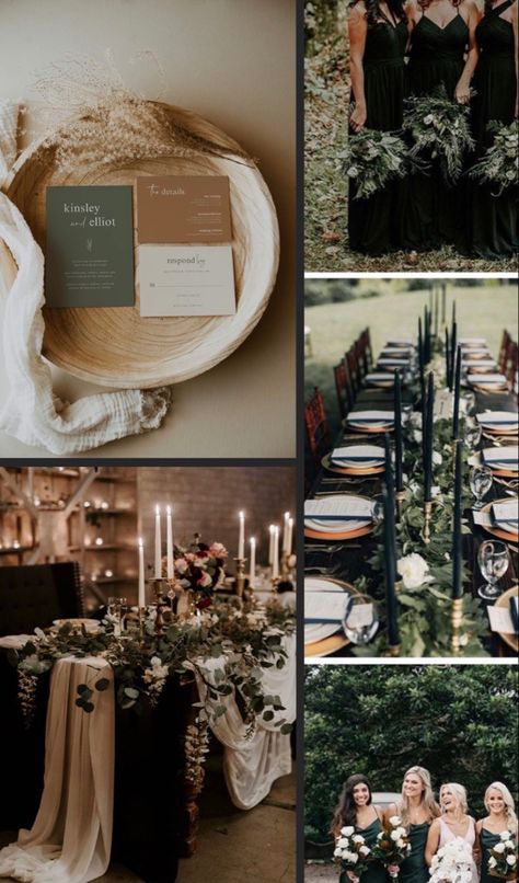 Sage Green Black And Brown Wedding, Olive Green Vintage Wedding, Black Sage Champagne Wedding, Black Brown Wedding Color Schemes, Green Gray Black Color Scheme, Brown And Greenery Wedding, Black And Green Boho Wedding, Eucalyptus And Tan Wedding, Olive Champagne Black Wedding