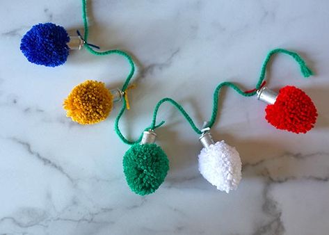 DIY Pom Pom Christmas Light Garland Tutorial – Factory Direct Craft Blog Christmas Light Garland, Diy Yarn Pom Pom, Christmas Pom Pom Crafts, Pompon Diy, Pom Pom Christmas, Pom Pom Tree, Garland Tutorial, Christmas Pom Pom, Christmas Lights Garland