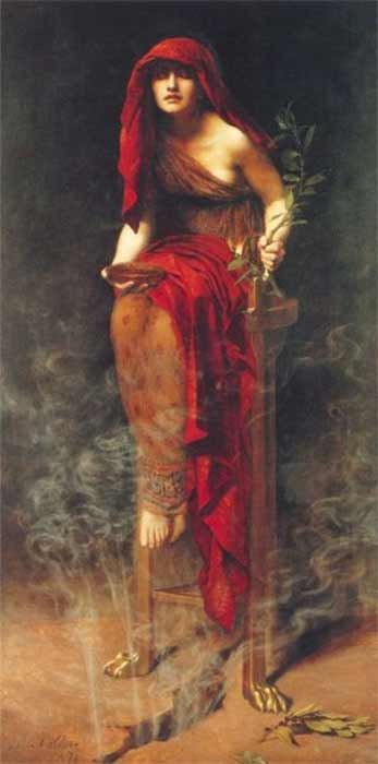 Priestess of Delphi by John Collier, showing the Pythia sitting on a tripod with vapor rising from a crack in the earth beneath her (1891) Art Gallery South Australia (Public Domain) Priestess Of Delphi, Ritual Clothing, John Collier, Npc Art, Witch Apothecary, Oracle Of Delphi, Frank Dicksee, Eugene Atget, Giovanni Boldini