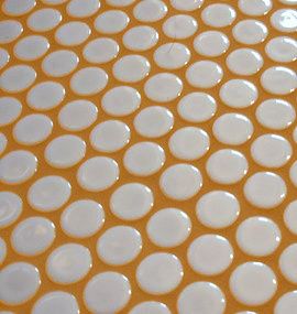 white penny tile with orange grout Orange Grout, Penny Tiles Kitchen, White Penny Tile, Colorful Office Space, Penny Tiles Bathroom, Penny Tile Floors, Patterned Bathroom Tiles, Coloured Grout, Penny Round Tiles