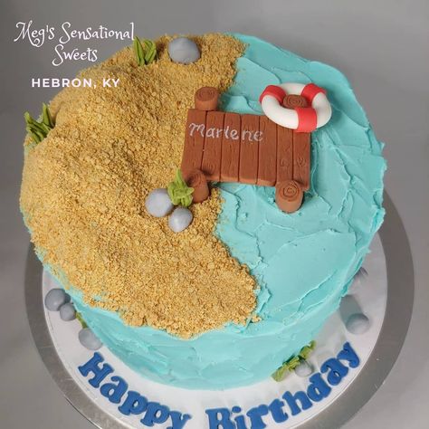 Lake themed cake with a dock and sand dunes Lake Themed Birthday Cake, Lake Cake Ideas, Lake Themed Birthday Party, Lake Birthday Cake, House Theme Cake, Lake House Theme, Lake Birthday Party, Lake Cake, Beach Birthday Cake