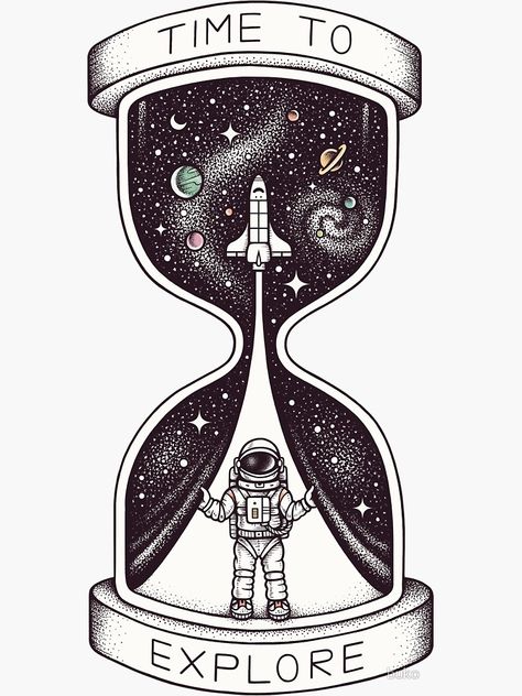 "Time to Explore" Sticker by buko | Redbubble Art Du Croquis, Art Spatial, Arte Doodle, Space Drawings, Astronaut Art, Tapeta Galaxie, Seni 3d, 문신 디자인, Pencil Art Drawings