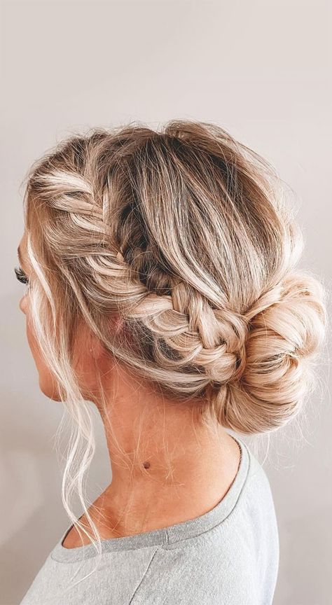 fishtail braided updo, boho updo, voluminous updo, updo hairstyles, updo 2022, hairstyles, upstyle hairstyles, textured updo, messy updo, wedding updo hairstyles 2022, updo hairtyles 2022 Updo For Layered Hair Long, Double Braid Updo Wedding, Restaurant Updo, Plait Upstyles, Updo For Ball, Faux Braid Updo, Casual Wedding Updo, Braided Updo With Bangs, Bridesmaid Hairstyles Updo Thin Hair