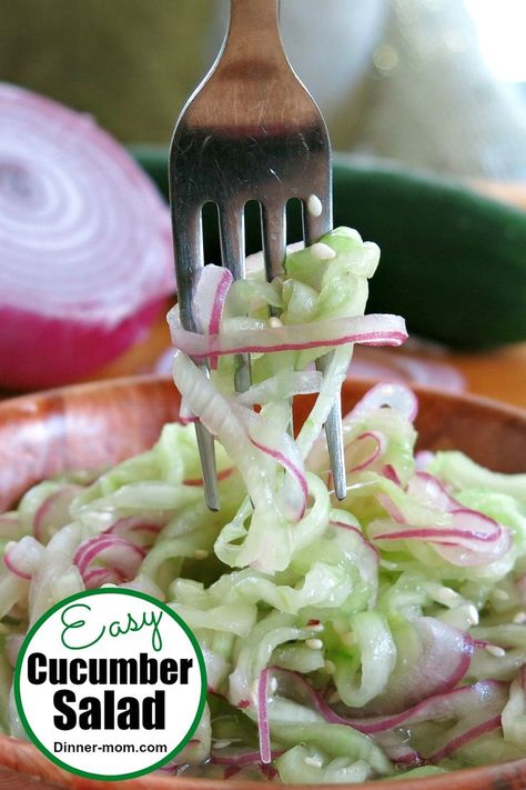 This easy Cucumber Salad recipe with rice wine vinegar is a healthy, low-carb side dish. We used a spiralizer, but you don't have too! #cucumbersalad Rice Wine Vinegar Recipes, Easy Asian Cucumber Salad, Cucumber Onion Salad, Easy Cucumber Salad, Asian Cucumber Salad, Cucumber Salad Recipe, Onion Salad, Cucumber Recipes Salad, Easy Asian