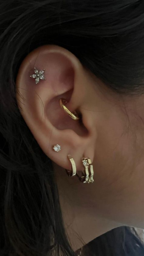 daith, helix and three lobe piercings Three Lobe Piercings, Lobe Piercings, Lobe Piercing, Helix Piercing, Helix, Piercings