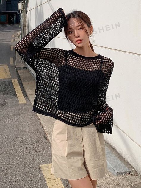 Mesh Sweater Outfit, Mesh Shirts, Women Fashion Ideas, Mesh Sweater, Mesh Shirt, Shirts Women Fashion, Korean Girl Fashion, Shirts Women, Crop Shirt