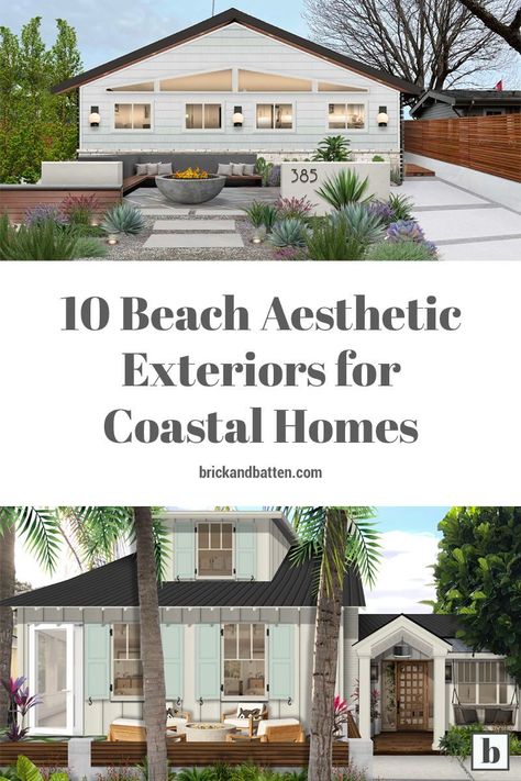 Coastal homes can be found in various areas throughout the United States, from New England to the Pacific Northwest to Florida’s Gulf Coast. Here, we’ve put together a roundup of some of our favorite coastal home designs with a beach aesthetic to inspire you. #brickandbatten #beachaesthetic #coastalhome #coastalhomes #coastalhomedesign White Coastal Exterior House, Coastal Boho Exterior House, Beach House With Black Windows, California Beach Cottage Exterior, Beach Bungalows Coastal, Beach House Exterior Colors Florida Coastal Cottage, Beach Homes Exterior Seaside Coastal, Gray Coastal Home Exterior, Beach Bungalows Exterior