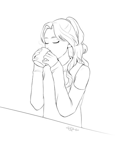 Drinking Coffee Art Reference, Drinking Hot Chocolate Pose Reference, Person Drinking Coffee Drawing, Drinking Coffee Pose Reference, Drinking Coffee Drawing Reference, Someone Drinking Reference, Drinking Coffee Reference, Drinking Coffee Sketch, Person Drinking Coffee Reference