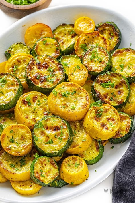 Roasted Zucchini And Squash (Easy!) - Wholesome Yum Parmesan Squash And Zucchini, Baked Yellow Squash Recipes, Oven Squash, Baked Squash And Zucchini Recipes, Yellow Zucchini Recipes, Oven Roasted Squash, Adkins Diet, Pan Squash, Keto Vegetables