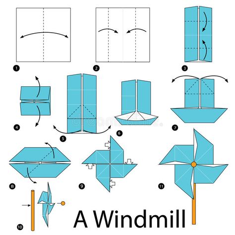 Step by step instructions how to make origami A Windmill. stock illustration Origami Illustration, Paper Windmill, Pin Wheels, Origami For Kids, Origami Tutorial Easy, Origami Boat, Origami Patterns, How To Make Origami, Christmas Origami