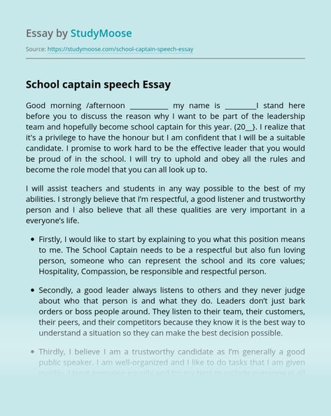 School captain speech Free Essay Example Inspirational Speech For Students, Student Council Speech Examples, School Captain, Student Council Speech, Student Council Campaign, Essay Writing Examples, College Essay Examples, Inspirational Speeches, School Leadership