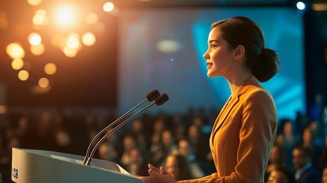 Speaker On Stage, Female Speaker, Giving Speech, Stage Speaker, Business Conference, Free Business Card Mockup, Business Card Maker, Flyer Maker, Poster Maker