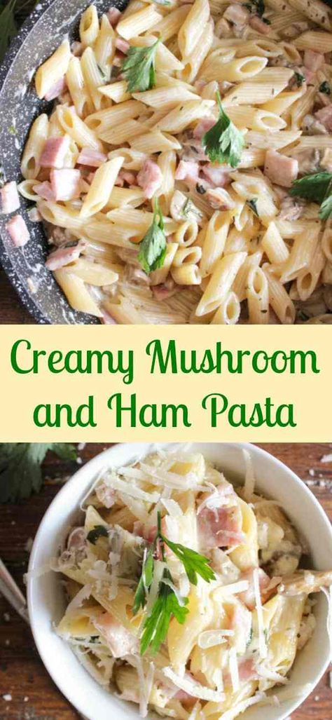 Creamy Mushroom and Ham Pasta, a deliciousy, easy, creamy, pasta dish, Italian style, ready in 20 minutes. A new family favorite. Spam And Pasta Recipes, Spam Meals, Ham And Mushroom Pasta, Ham Pasta Recipes, Wife Cooking, Fun Pasta, Ham Pasta, Spam Recipes, Pasta Recipes Alfredo