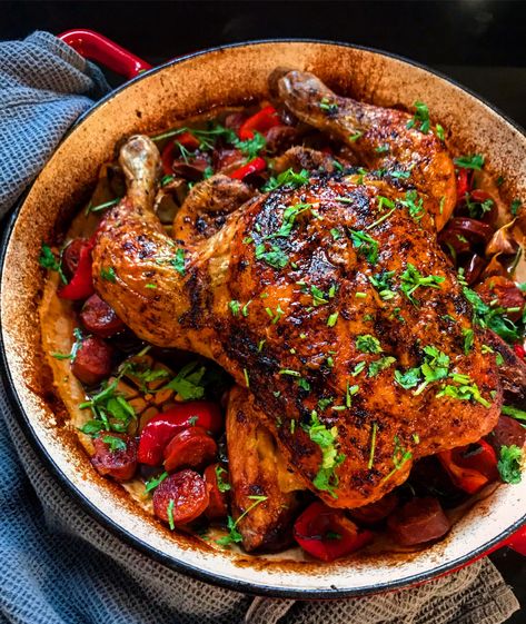 Spanish Roast chicken + chorizo – hungry healthy family Spanish Roasted Chicken, Spanish Whole Chicken Recipes, Mediterranean Roast Chicken, Spanish Baked Chicken, Spanish Dinner Recipes, Chicken Chorizo Recipe, Spanish Chicken And Chorizo, Spanish Salad, Basque Food