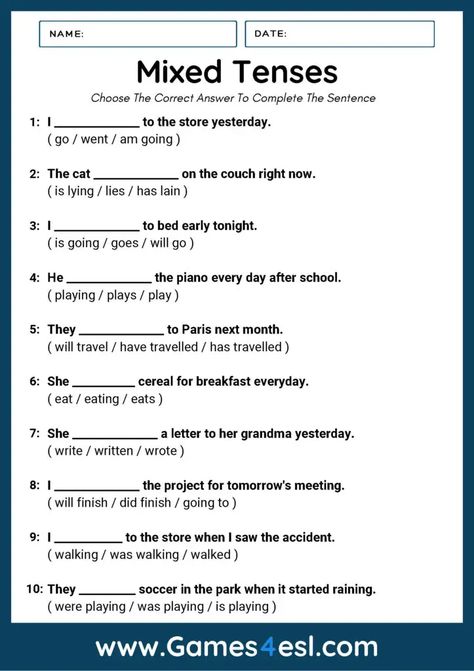 Mixed Tenses Quiz | Grammar Quiz Plus Printable PDF Exercise | Games4esl Mixed Tenses Worksheets With Answers, Mix Tenses Worksheet, Tenses English Grammar, Grammar Exercise, Tenses In English, Tenses Exercises, English Grammar Quiz, Maths Worksheet, All Tenses