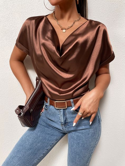 Brown Casual  Short Sleeve Satin Plain Top Embellished Non-Stretch Summer Women Tops, Blouses & Tee Sew Blouse, Satin Top Outfit, Chemise Satin, Satin Outfits, Classic Clothes, Draped Collar, 2piece Outfits, Satin Bluse, London Fashion Week Street Style