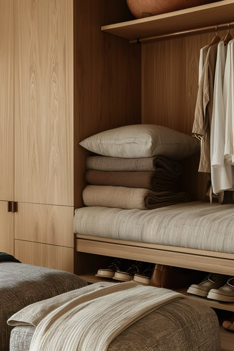 Discover how to incorporate clean lines and comfortable design with Japandi wardrobe designs. 🌿🛏️ Japandi Wardrobe Design, Japandi Wardrobe, Japanese Closet, Bedroom Japandi, Japandi Bedroom Design, Japandi Bedroom, Japandi Interiors, Japandi Design, Wardrobe Designs