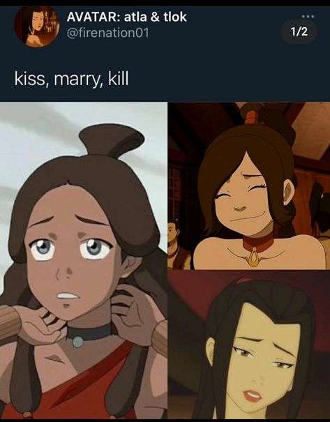 Kiss Azula, Marry Ty Lee, kill katara Azula X Ty Lee, Kiss Marry Kill, Ty Lee, Avatar Funny, Creepypasta Cute, The Last Avatar, Avatar The Last Airbender Art, Avatar Airbender, Avatar Aang