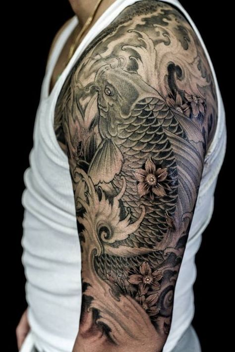 The koi fish has a rich history embedded in the Japanese and Chinese cultures. The fish often comes in bright colours with majestic designs that have become a favourite among tattoo enthusiasts. Most men get… Pez Koi Tattoo, Coy Fish Tattoos, Geisha Tattoos, Karp Koi, Carp Tattoo, Koi Tattoo Sleeve, Japanese Koi Fish Tattoo, Tato Tradisional, Koi Tattoo Design