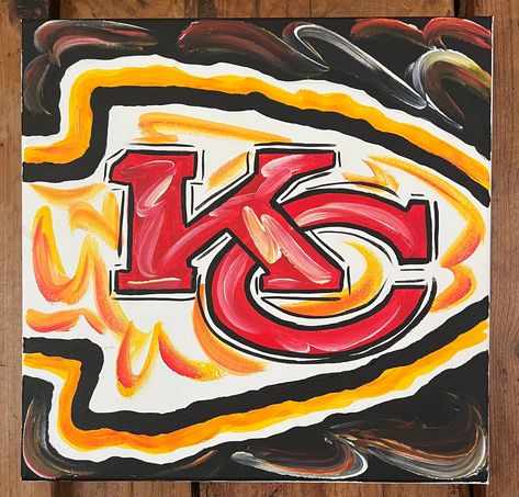 Kansas City Chiefs Painting, Chiefs Painting, Football Paintings, Art Club Projects, Good Luck Clover, Black Abstract Background, Kansas City Chiefs Logo, Art Football, Chiefs Logo