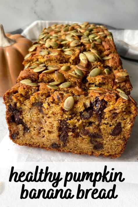 Healthy Pumpkin Banana Bread Pumpkin Banana Bread Healthy, Healthy Pumpkin Banana Bread, Leftover Canned Pumpkin, Use Up Ripe Bananas, Healthy Pumpkin Bread, Pumpkin Banana Bread, Pumpkin Breakfast, Chocolate Chip Bread, Brunch Bread