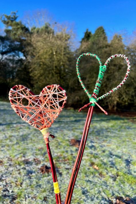 Make a heart-shaped stick wand - Mud & Bloom Nature Wands For Kids, Stick Wands, Forest Schools, Nature Crafts Kids, Preschool Valentine, Forest School Activities, Wooden Wand, Twig Art, Boy Sign