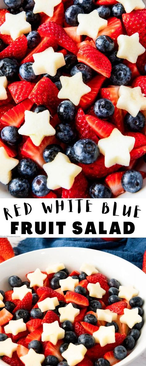 This RED WHITE AND BLUE FRUIT SALAD is a fun and colorful side dish for 4th of July, Memorial Day or for any potluck barbecue. Strawberries, blueberries and star shaped apples. 4th Of July Foods Easy, Red White And Blue Fruit Tray, Healthy July 4th Side Dishes, Red White Blue Side Dish, Memorial Day Fruit Salad, Memorial Day Fruit Platter, Memorial Day Breakfast Ideas, Fruit Salad Memorial Day, Red White And Blue Potato Salad