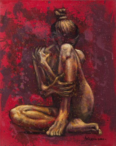 Arms wrapped around herself in a protective gesture, a naked woman sits alone. Aricadia in Bali paints this moving original portrait in oils and acrylics on canvas. Paintings About Body Image, Body Dysformia Aesthetic, Acryl Painting Naked Woman, Naked Body Oil Paint, Sexism Painting, Soul Leaving Body Art, Angry Painting, Body Disphorphia Art, Body Dysformia Art