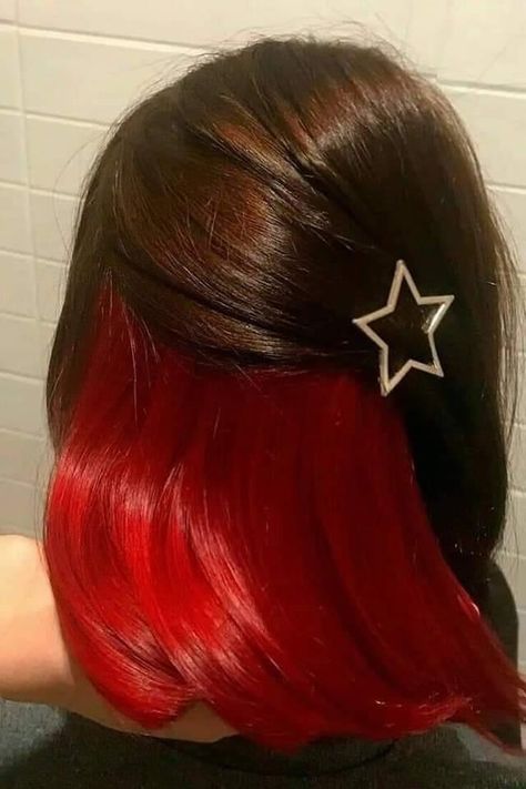 Ideas To Dye Brown Hair, Red Pick A Boo Hair, Red Hair Color Peekaboo, Half Hair Dyed Underneath Red, Under Dyed Hair Red And Brown, Red Peekaboo Brown Hair, Half Red Half Dark Brown Hair, Peekaboo Hair Color Red And Brown, Half Brown Half Red Hair Underneath