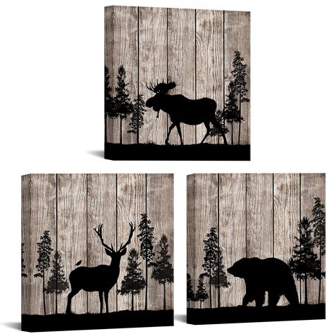 PRICES MAY VARY. Each Piece 12"x12", total 3 pieces Vivid Color Canvas Art, Waterproof Premium Quality High Definition Canvas, Professionally Eco-Ink Printed with Fade Resistant for Many Years Includes Nails Needed to Hang Your Artwork,Hook Mounted on The Wooden Bar, Easy & Ready to Hang A Perfect Wall Decoration for Living Room, Hallway, Dining Room, Kitchen, Office, Hotel, etc. A Great Gift Idea for Your Relatives and Friends etc. We Inspect The Artwork in Every Step of The Finishing Process, Forest Animal Painting, Rustic Cabin Wall Decor, Farmhouse Cabin Decor, Moose Pictures, Cabin Wall Decor, Moose Decor, Wall Art Forest, Rustic Decoration, Bear Paintings