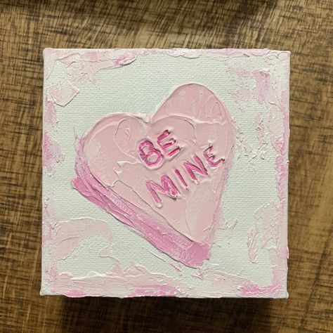 Mini Canvas Paintings Valentines Day, Mini Heart Canvas Painting, Small Heart Painting, Mini Love Paintings, Conversation Heart Painting, Cute Heart Paintings, Heart Painting Ideas On Canvas, Vday Paintings, Painting Ideas Valentines