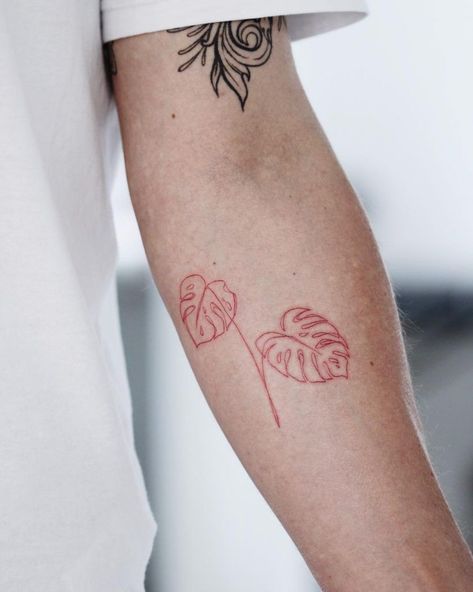 Delicate red Monstera leaves tattoo inked on the left forearm Monstera Tattoo, Faith Tattoos, Monster Tattoo, Handpoke Tattoo, Inspiration Tattoos, Red Ink Tattoos, Plant Tattoo, Initial Tattoo, Temp Tattoo