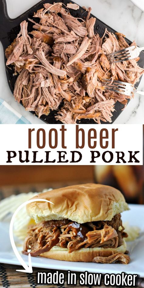 Root Beer Pulled Pork in the slow cooker is a delicious, sweet and tangy recipe! Less than 5 minutes prep too! Root Beer Pulled Pork Crock Pot, Pulled Pork Crockpot, Buttermilk Replacement, Root Beer Pulled Pork, Easy Pulled Pork Recipe, Dr Pepper Pulled Pork, Rootbeer Pulled Pork, Pork Crockpot, Beer Pulled Pork