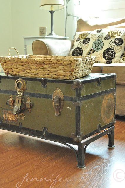 the Oak house project vintage trunk as a coffee table Bright Cottage, Trunk Makeover, Oak House, Vintage Trunk, Cottage Living Room, Coffee Ideas, Living Room Reveal, Old Trunks, Coffee Table Trunk