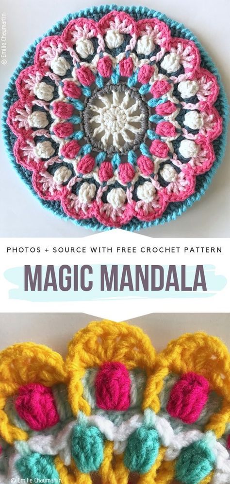 Magic Mandala Free Crochet Pattern #crochetmandala Crochet Potholders Free Patterns, Free Mandala Crochet Patterns, School Crochet, Mandala Haken, Circular Crochet, Yarn Crafts Crochet, Crochet Pot Holders Free Pattern, Crochet Potholder Patterns, Mandala Crochet