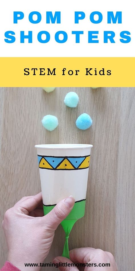 How to Make a Pom Pom Shooter. This is a fun STEM activity for preschool and kindergarten kids to make. #stem #preschool #kindergarten Stem Projects Preschool, Easy Stem Projects For Kindergarten, Stem Preschool Early Childhood, Montessori Stem Activities, Quick And Easy Stem Activities, Steam Activity For Preschool, Stem Ideas For Preschoolers, Stem Projects For Preschoolers, Stem Crafts Preschool