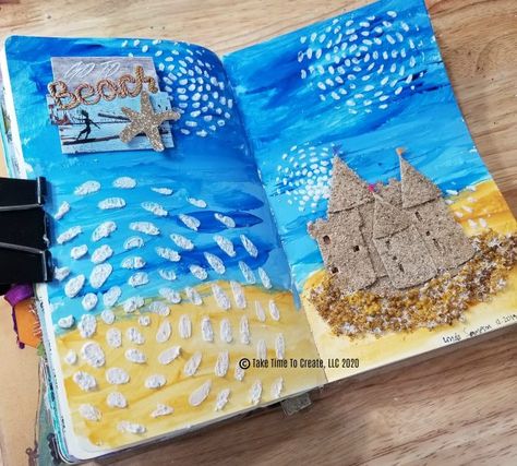 Beach Art Journal Page - Take Time To Create Scrapbook Ideas Beach Theme, Ocean Theme Journal Ideas, Summer Art Journal, Sea Scrapbook Ideas, Beach Journal Ideas, Ocean Journal, Beach Journal, Scrapbook Themes, Beach Scrapbook