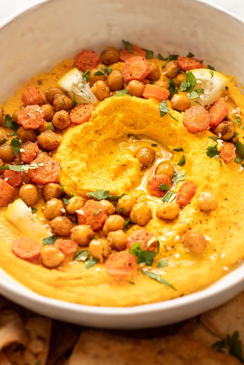 Carrot Hummus Recipe, Roasted Carrot Hummus, Chickpeas Roasted, Carrot Hummus, Seasoned Chickpeas, Chickpea Hummus, Roasted Carrot, Appetizer Sandwiches, Make Hummus