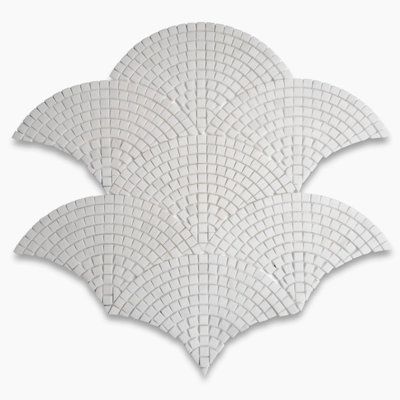 Premium Grade White Thassos Marble Mosaic Tiles. Greek Thassos White Pure White Crystal Marble Honed Mini Fish Scale Scallop Fan Pattern Mosaic Wall & Floor Tiles are perfect for any interior projects. The Mini Thassos White Marble Fish Scale Pattern Mosaic tiles can be used for a kitchen backsplash, bathroom flooring, shower surround, dining room, entryway, spa. Our timeless Matte White Thassos Marble Scallop Fan Pattern Mosaic tiles with a large selection of coordinating products is available Mini Mosaic, Fish Scale Pattern, Fan Pattern, Marble Polishing, Marble Mosaic Tiles, Shower Surround, Accent Tile, Mosaic Flooring, Fish Scale