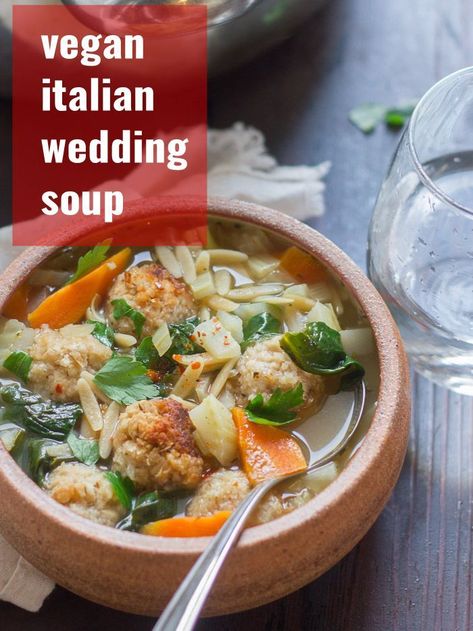 This cozy vegan Italian wedding soup is perfect for chilly days! Made with spinach, fennel, and savory vegetarian cannellini bean meatballs, this flavorful soup is totally meal-worthy and guaranteed to warm you up! #vegansoup #veganmeatballs #italianweddingsoup #meatlessmonday Bean Meatballs, Italian Soup Recipes, Cannellini Bean, Plant Based Soups, Vegetarian Italian, Wedding Soup, Vegan Italian, Italian Soup, Orzo Pasta