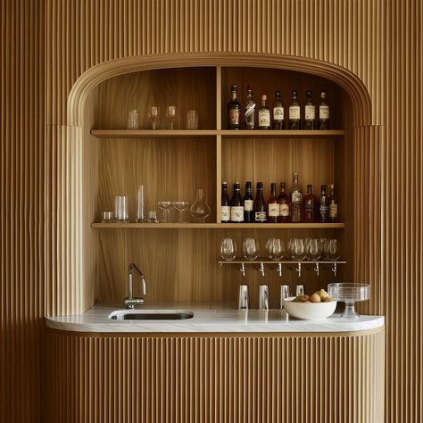 INTERIORS Old Hollywood Interior Design, Bar Niche, Built In Bar Cabinet, Ryan Saghian, Built In Wet Bar, Wet Bar Designs, Fluted Wood, Japanese Bar, Home Bar Cabinet